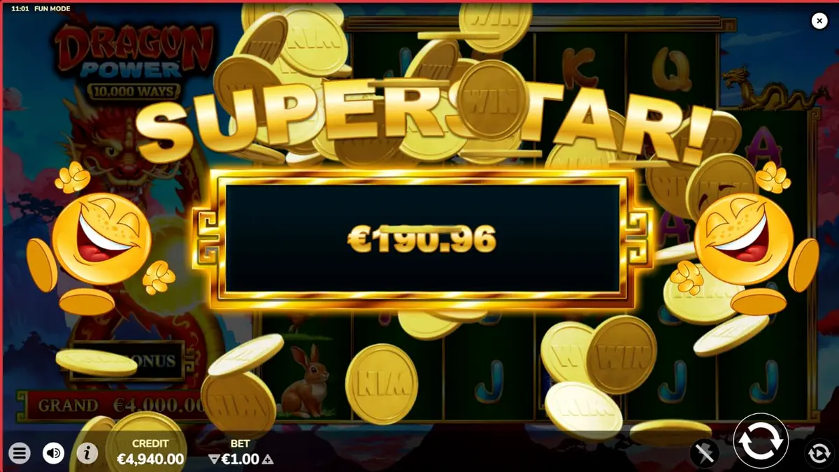 Ang makulay at detalyadong interface ng Dragon Power 10,000 Ways slot na nagpapakita ng mga dragon symbols at gold orbs.