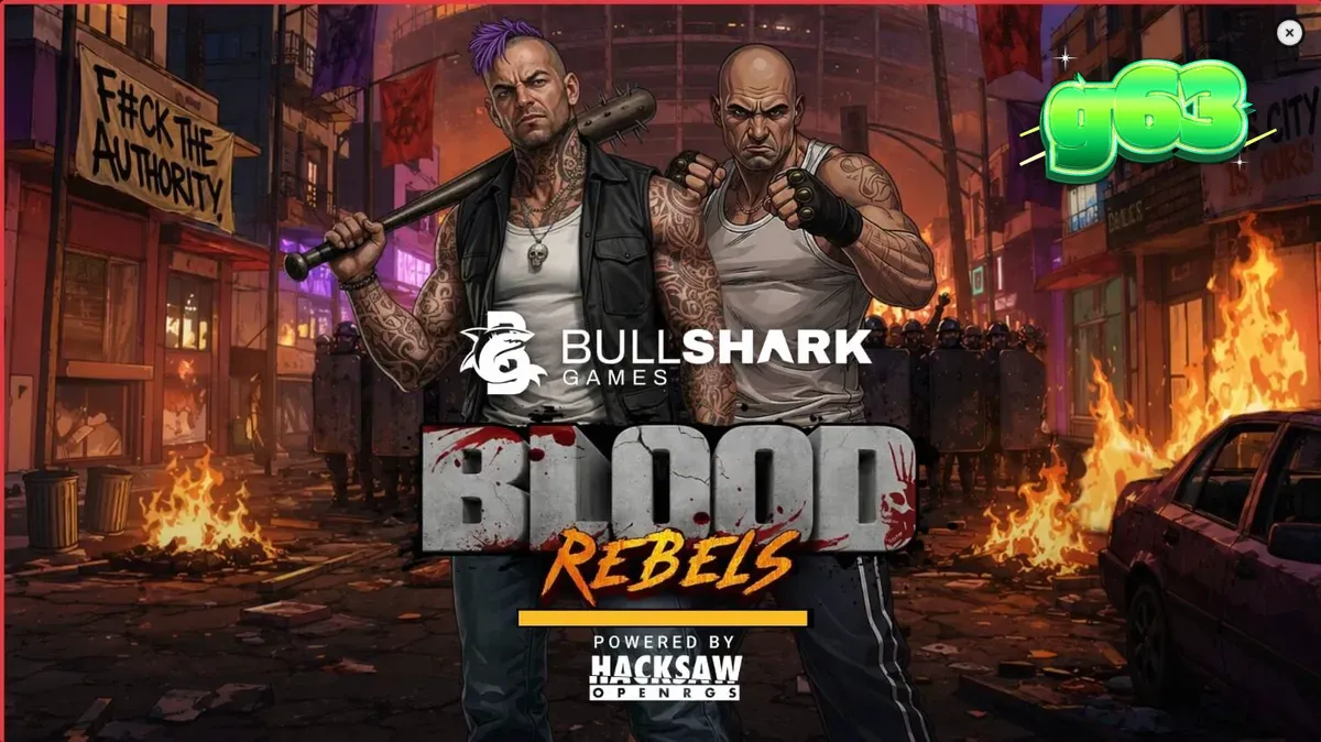 Isang madilim at urban na disenyo ng Blood Rebels slot na nagpapakita ng mga simbolo ng labanan.