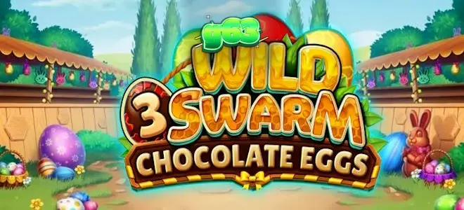 Makulay na disenyo ng Wild Swarm 3 Chocolate Eggs na nagpapakita ng mga bubuyog at itlog na tsokolate.